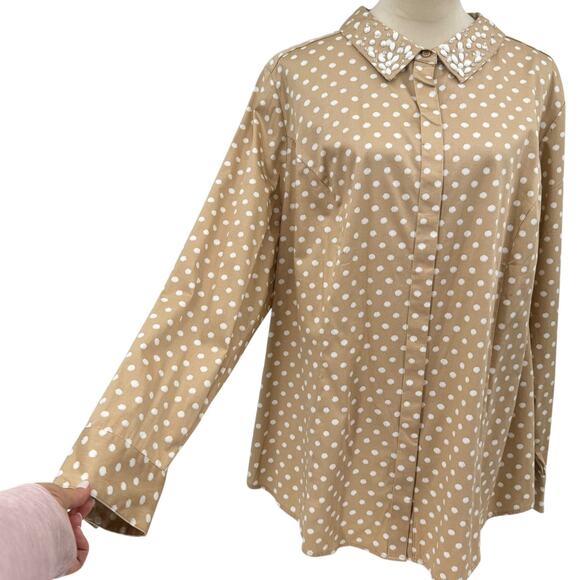Lane Bryant NWT Tan & White Polka Dot Rhinestone Jewel Collar Button Up Shirt - Picture 4 of 11